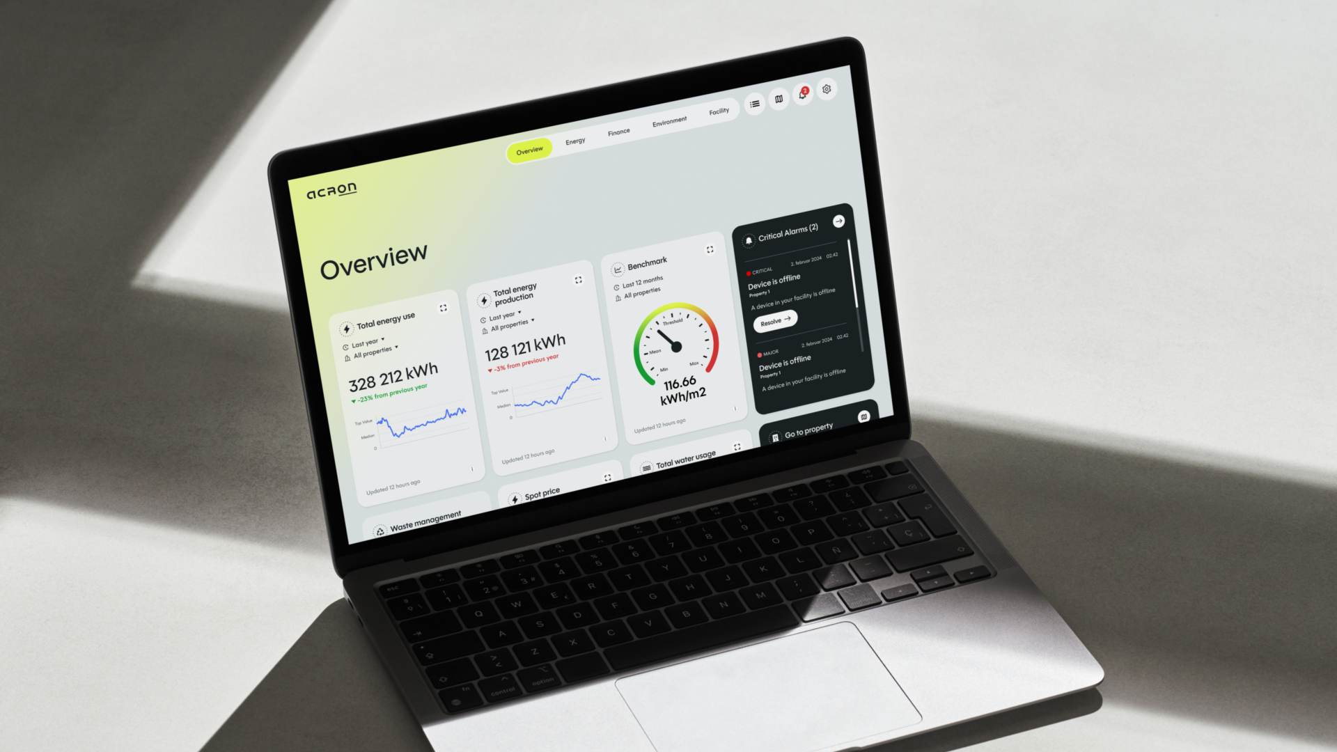 Åpen laptop med et dashbord som viser søylediagrammer, samt teksten 'Acron' og 'Energy' på skjermen/ dashboard. Bilde.