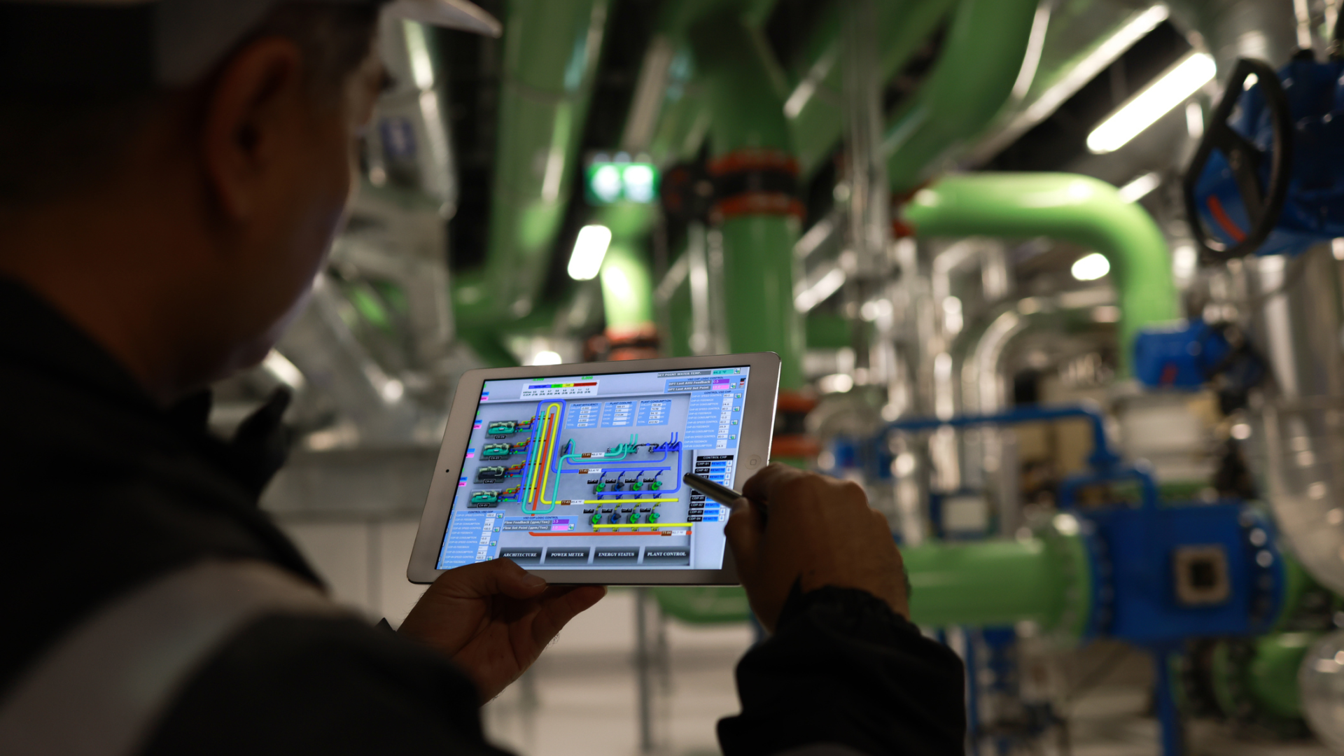 En industriarbeider iført vernehjelm ser på en tablet med målinger. I bakgrunnen er grønne og hvite rør synlige fra taket og veggene. Foto.