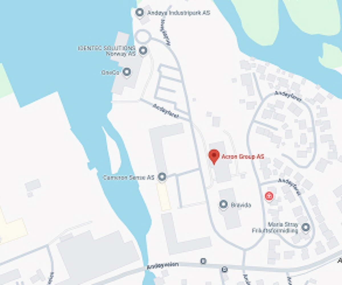 Google Maps-bilde med en rød pinne i et område merket 'Acron Group AS'.