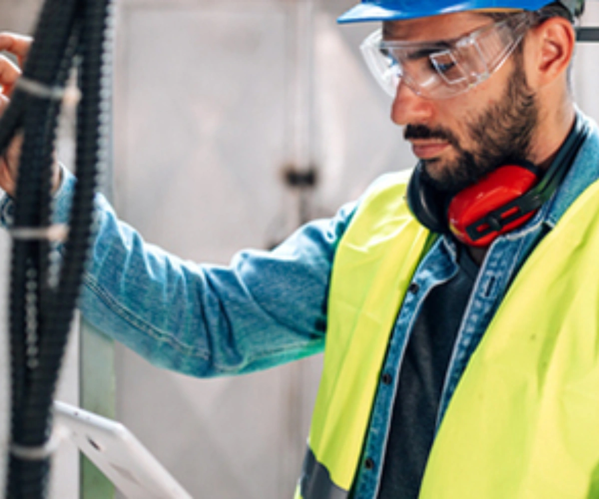 En person iført gul vest, vernebriller, hjelm og hørselsvern rundt halsen studerer en rapport. I bakgrunnen er en betongvegg med synlige ledninger. Foto.
