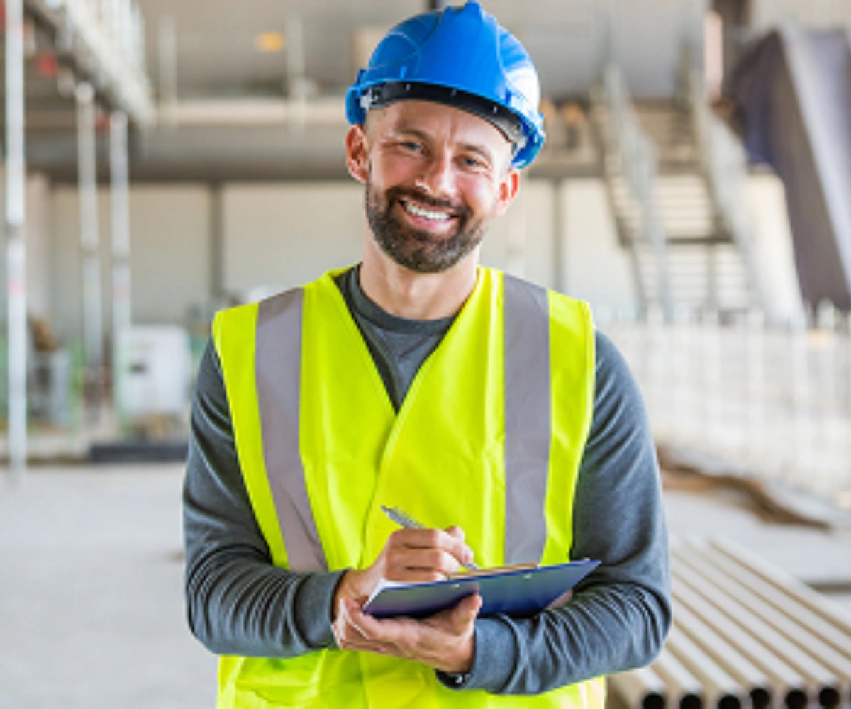 En mann med gul vest og blå vernehjelm smiler. I bakgrunnen sees en byggeplass. Bilde.