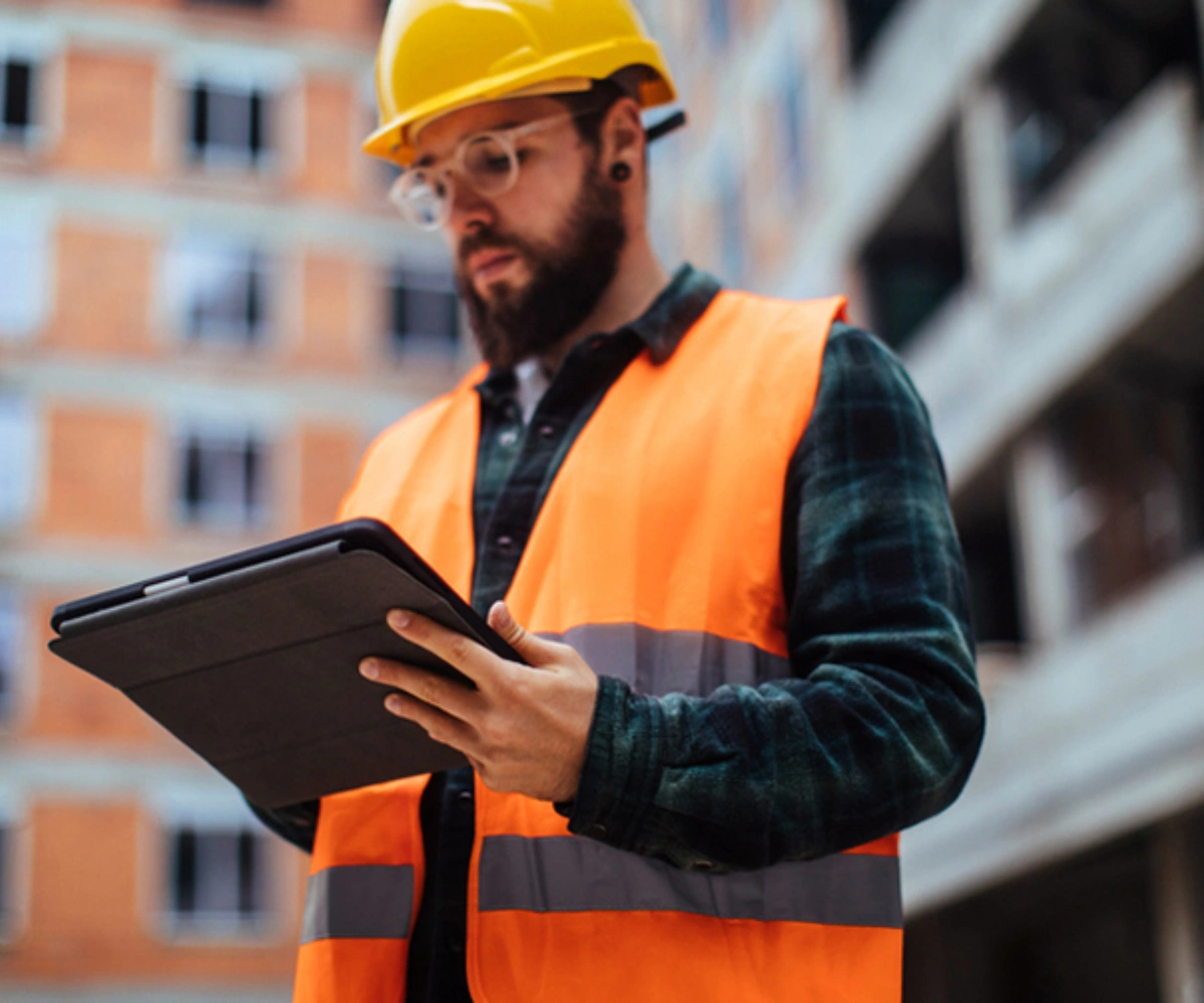 En mann i oransje vest og vernehjelm ser på en nettbrett, med et bygg som bakgrunn. Bilde.